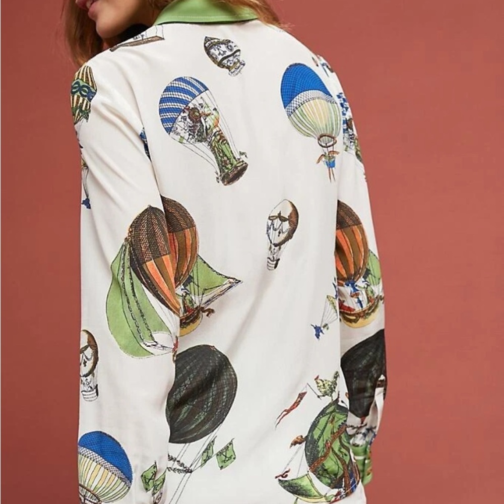 NWOT Maeve Anthropologie Green and White Hot Air Balloon Silk Top - Picture 2 of 11
